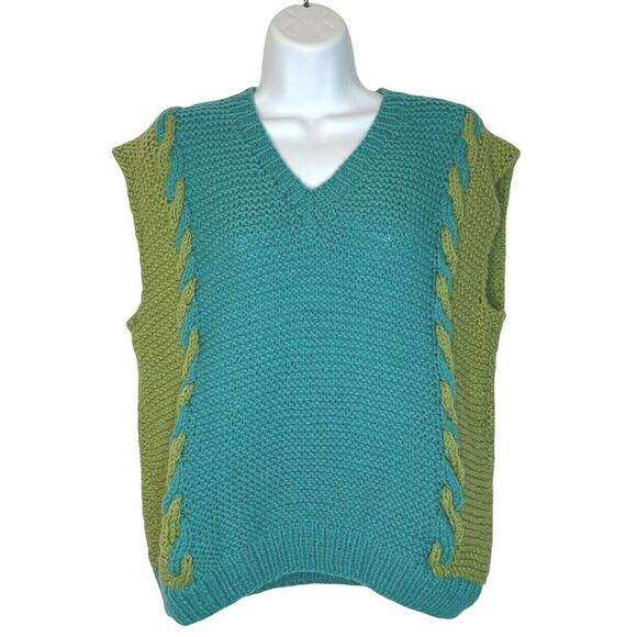 Hand Knit Handmade Pullover Sweater Vest Women's M Colorblock Blue Green NEW - Picture 3 of 11